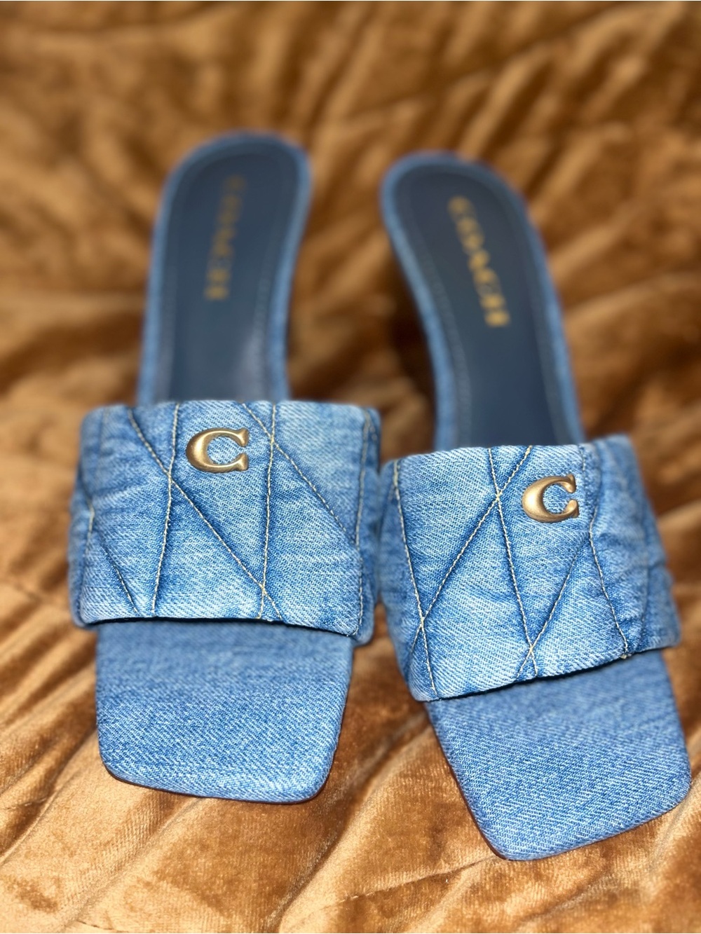 Coach Quilted Denim Wedge Slide with Gold C Charm